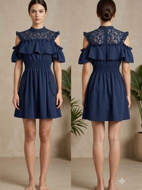 Women's Navy Blue Cold Shoulder Convertible Mini Dress Lace Trim Ruffle Pockets